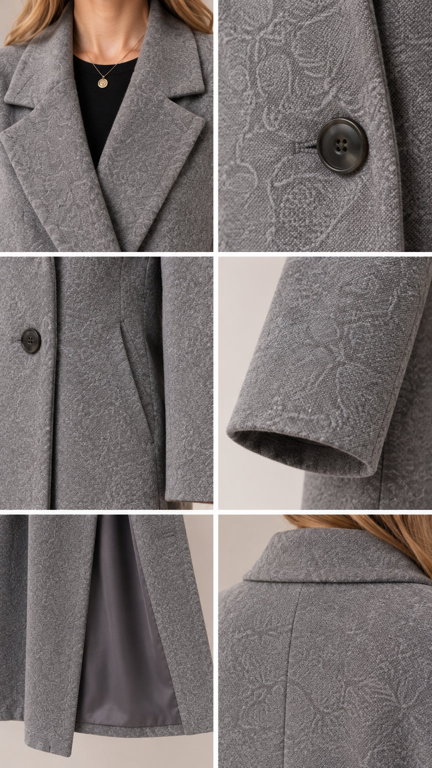 Collage of close-up details showing notched lapel, front button, side pocket, cuff, and lining