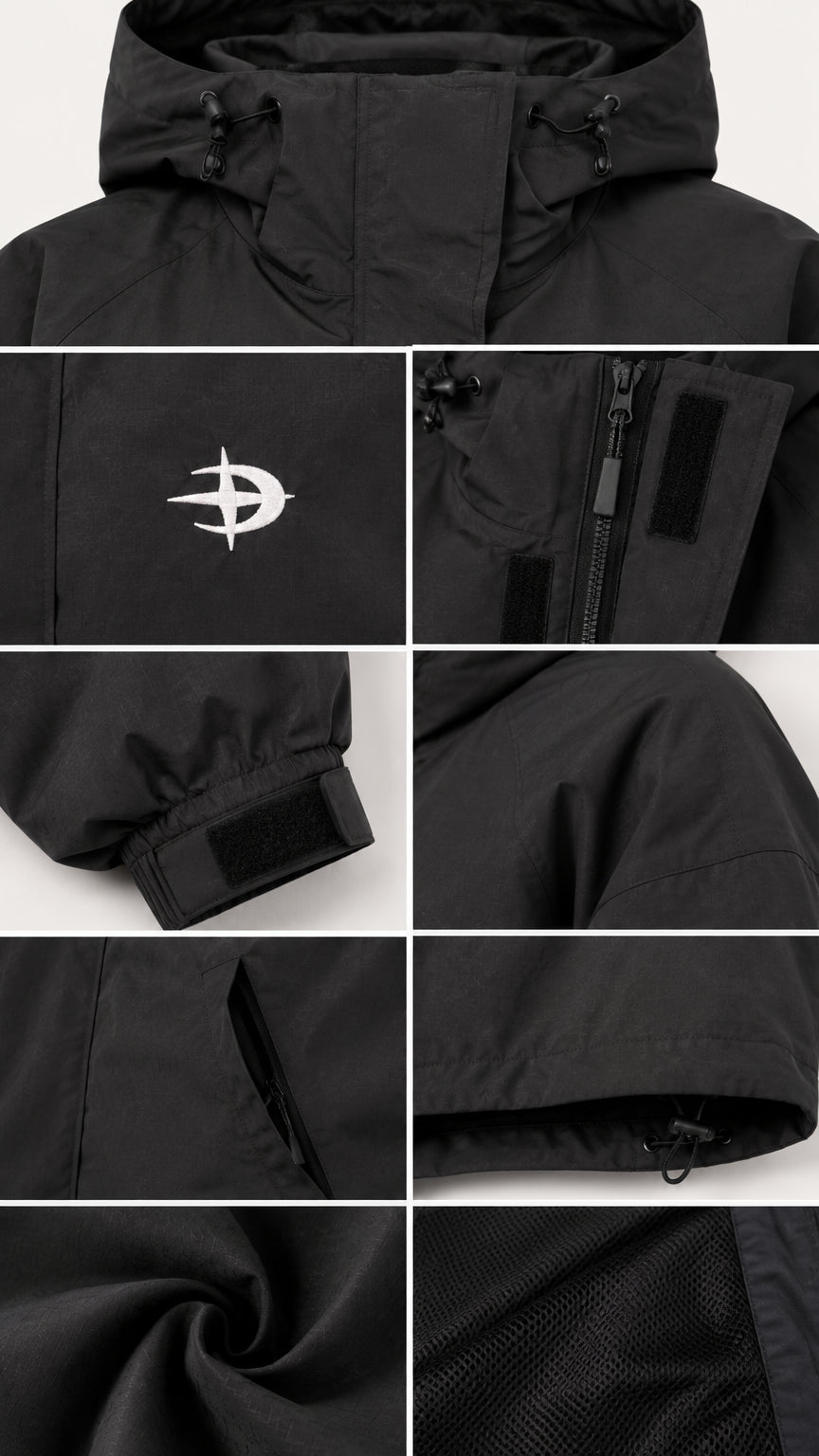 Detailed collage showing hood toggles, logo print, zipper placket, cuffs, and lining