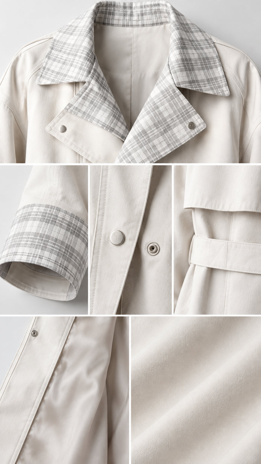 Close-up detail collage showing plaid notch lapels, snap buttons, cuff pattern, and smooth fabric texture