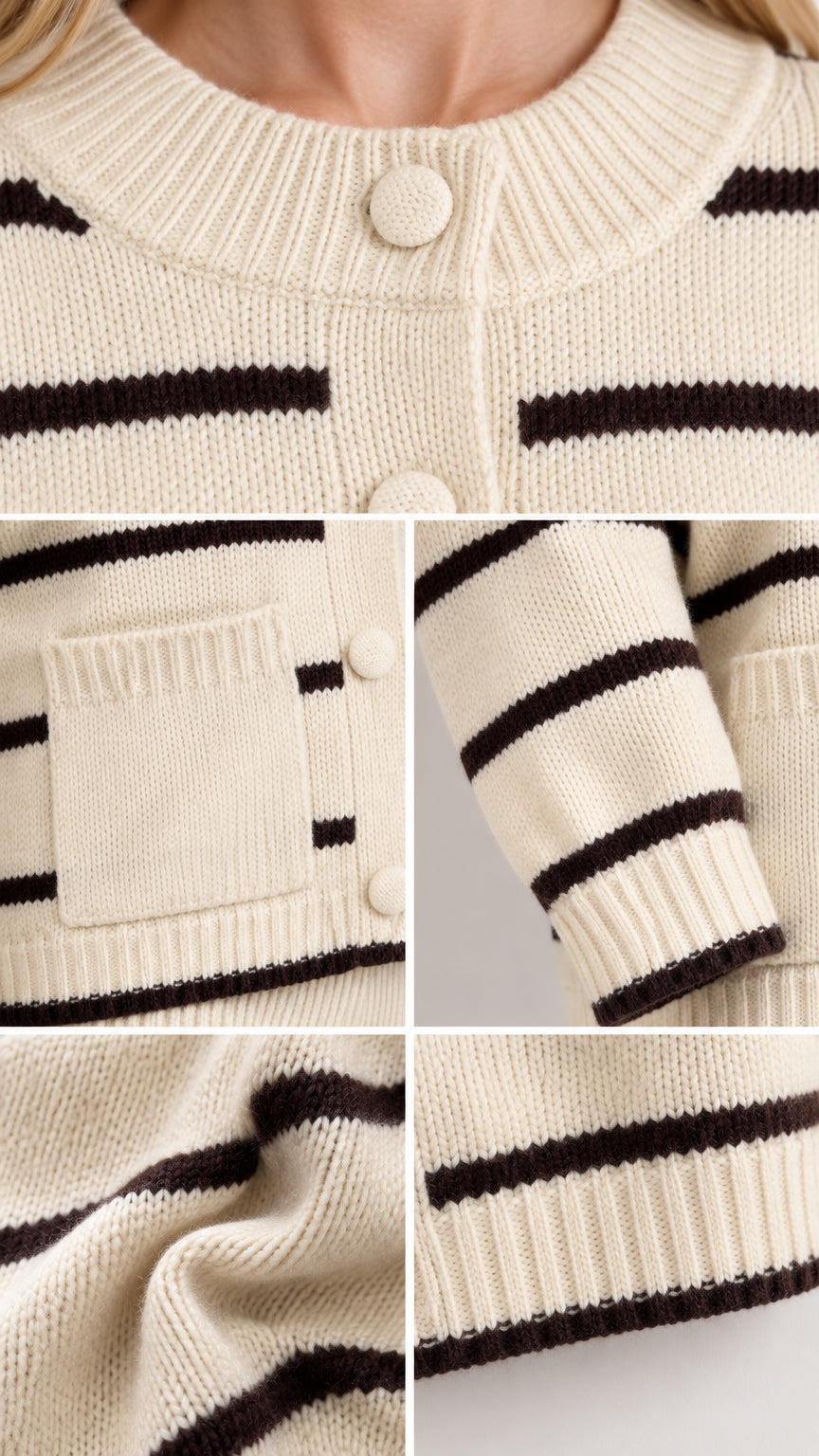 Close-up details of striped knit cardigan fabric, covered buttons, and front pocket