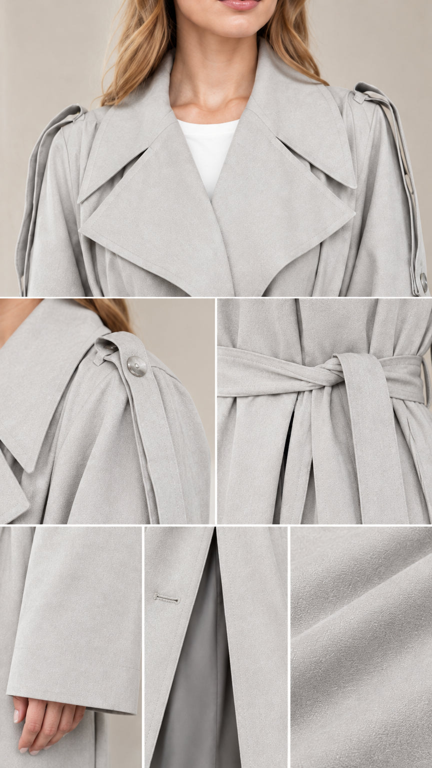 Detailed close-up collage of lapel, shoulder tab button, tie belt, and fabric texture on light grey trench coat