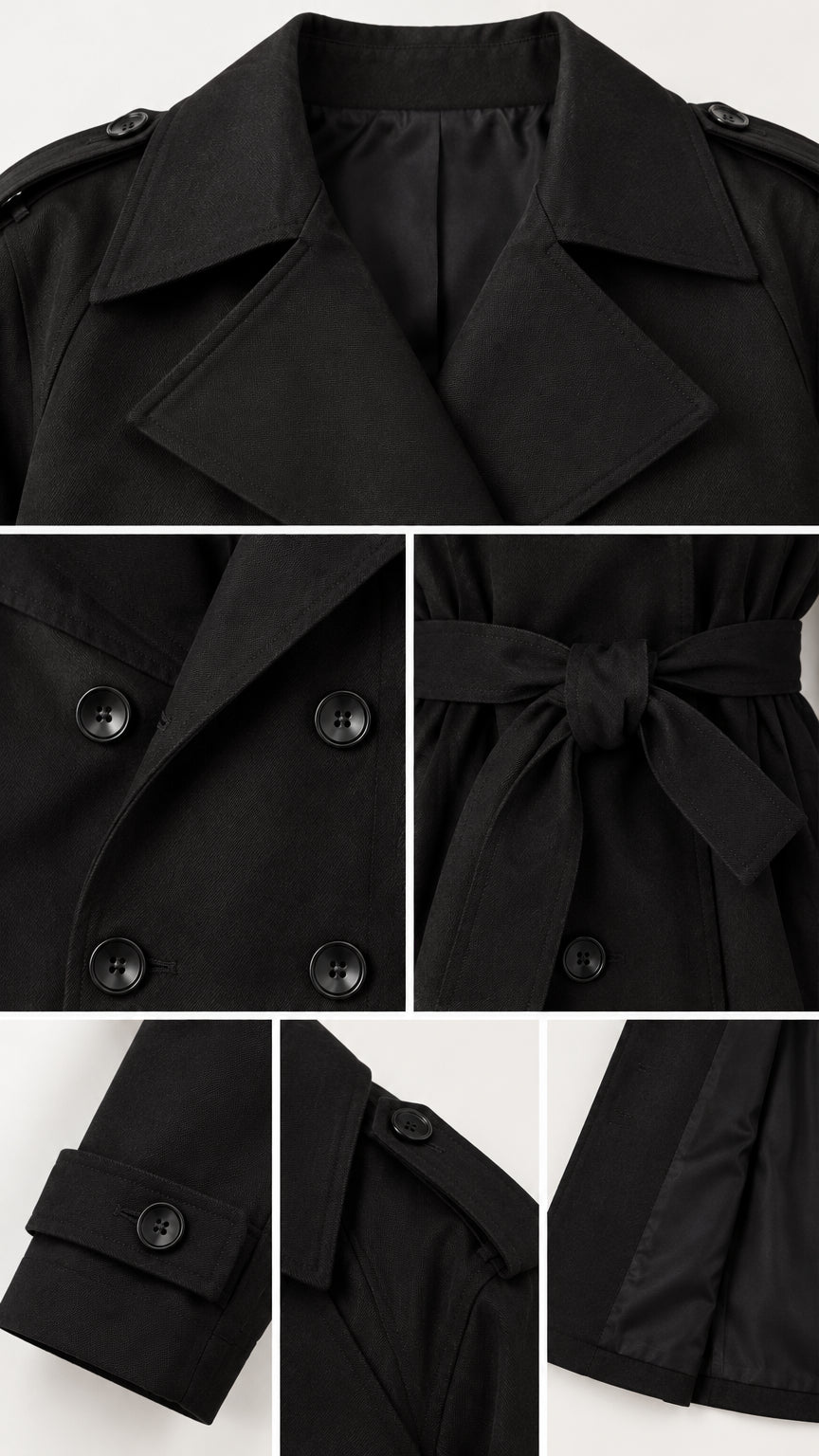 Close-up details of collar, double-breasted buttons, waist belt tie, cuff strap, and shoulder epaulet in black fabric