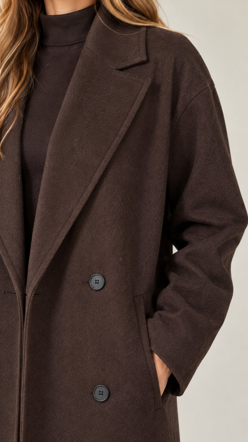 Close-up detail of dark brown coat notch lapel, buttons, and fabric texture