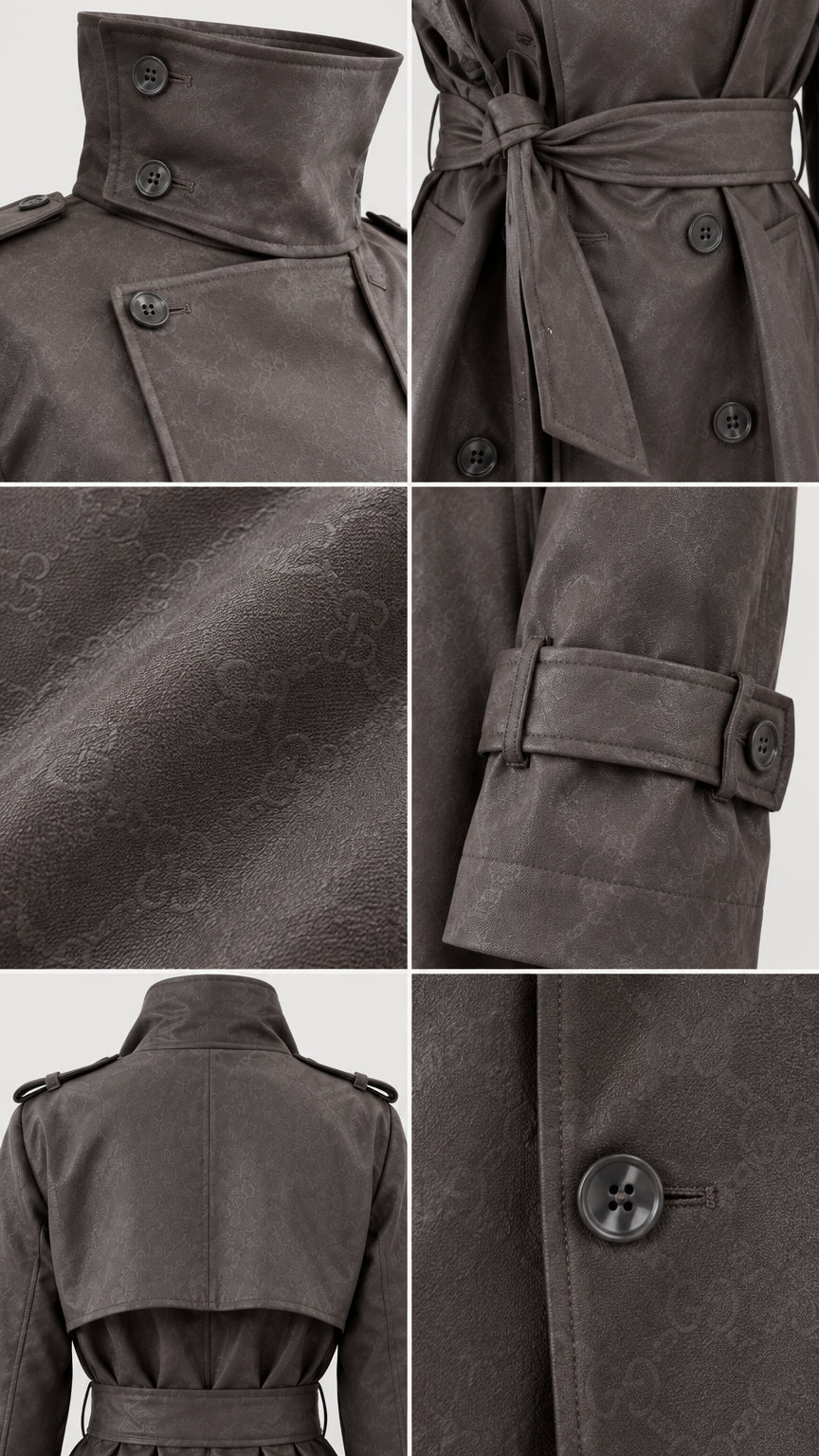 Detailed close-up views of collar buttons, waist belt tie, cuff strap, and textured fabric