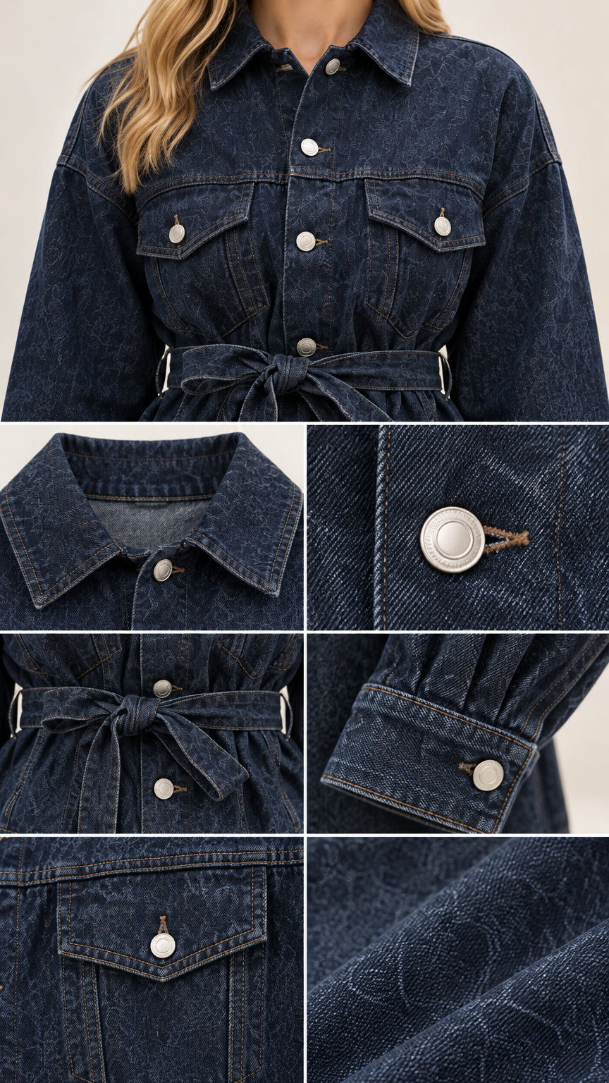 Close-up details of dark blue denim set showing collar, metal buttons, tie belt, cuff, and denim texture
