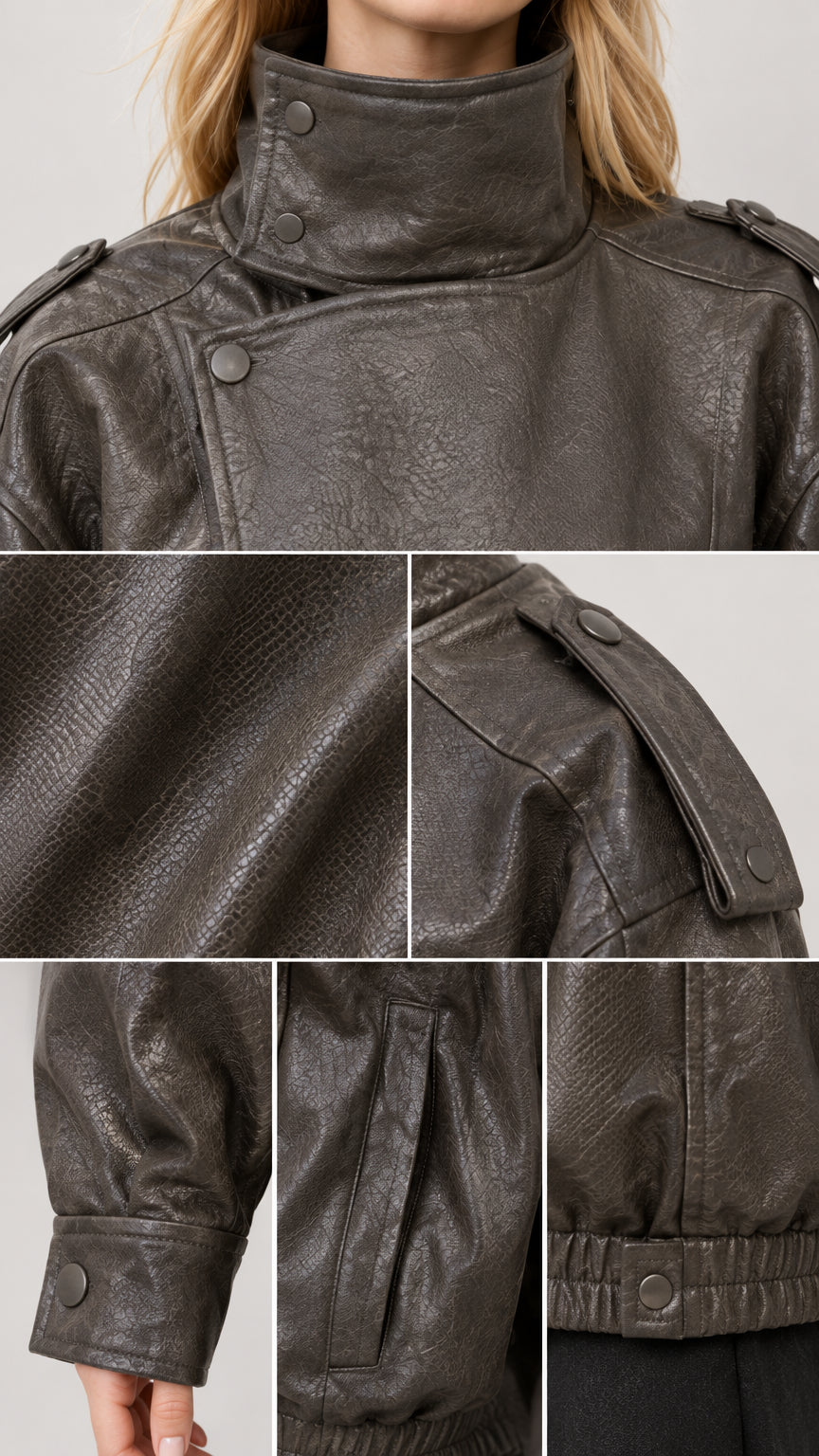 Close-up detail composite showing high collar snap closures, grained faux leather texture, shoulder epaulets, cuffs, and pocket
