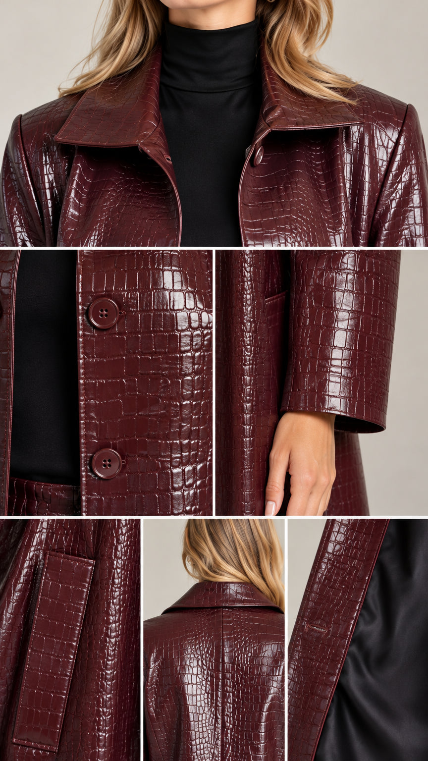Close-up details of collar, buttons, lapel, and interior lining of the burgundy croc trench coat