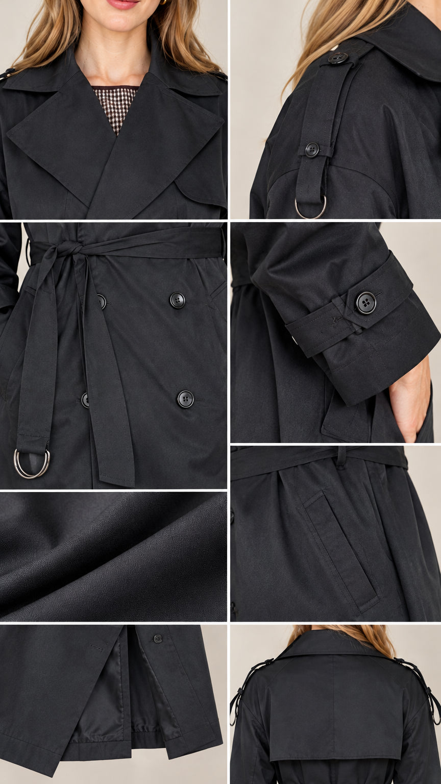 Detailed close-up collage of black trench coat collar, buttons, cuffs, and belt