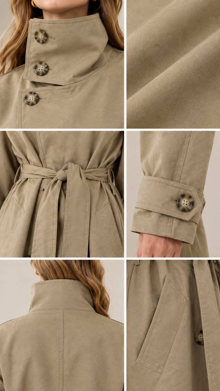 Collage of khaki trench coat details showing button collar, fabric texture, belt, and cuffs