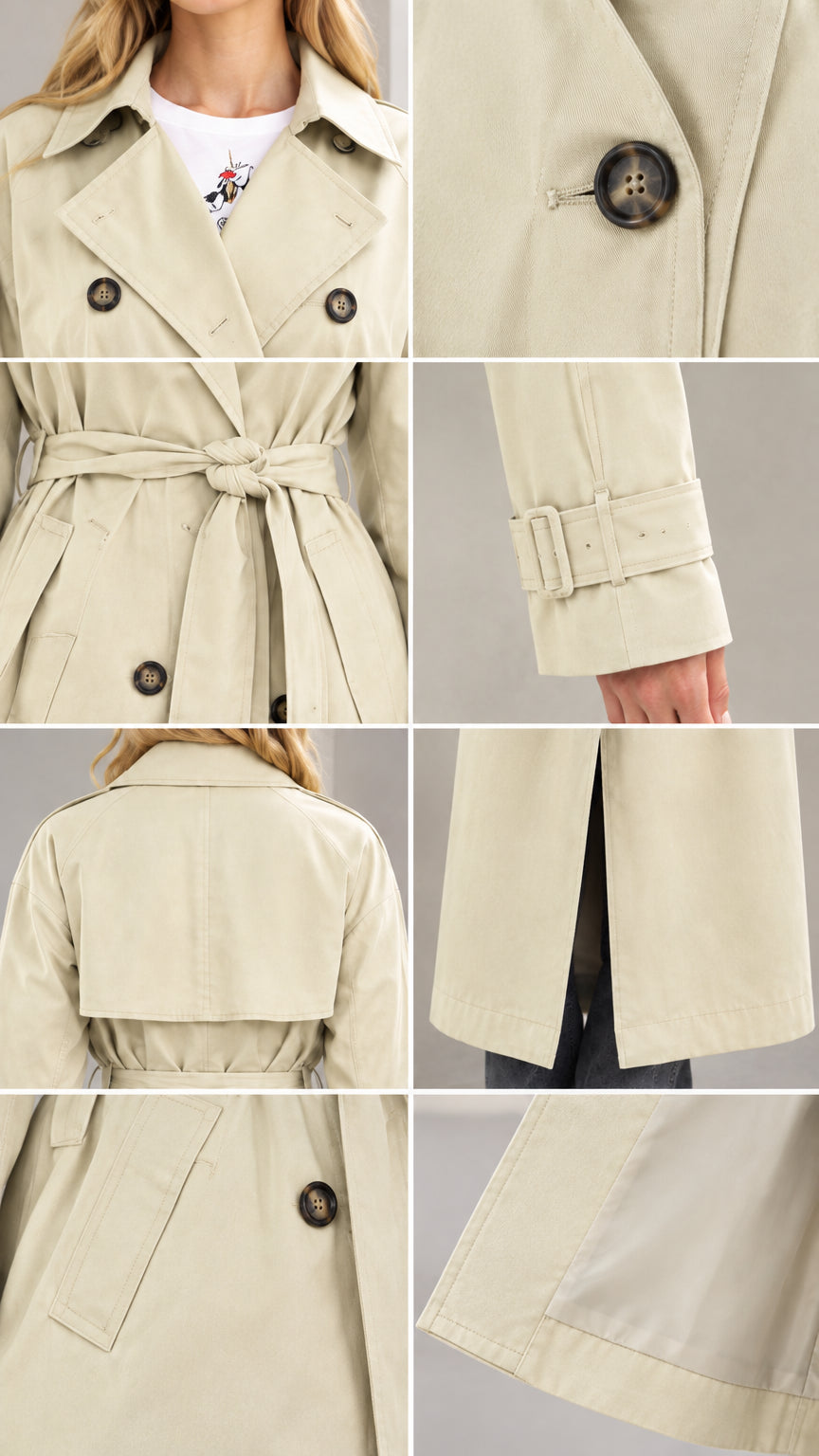 Close-up details of beige trench coat including lapels, buttons, belt tie, and cuff straps