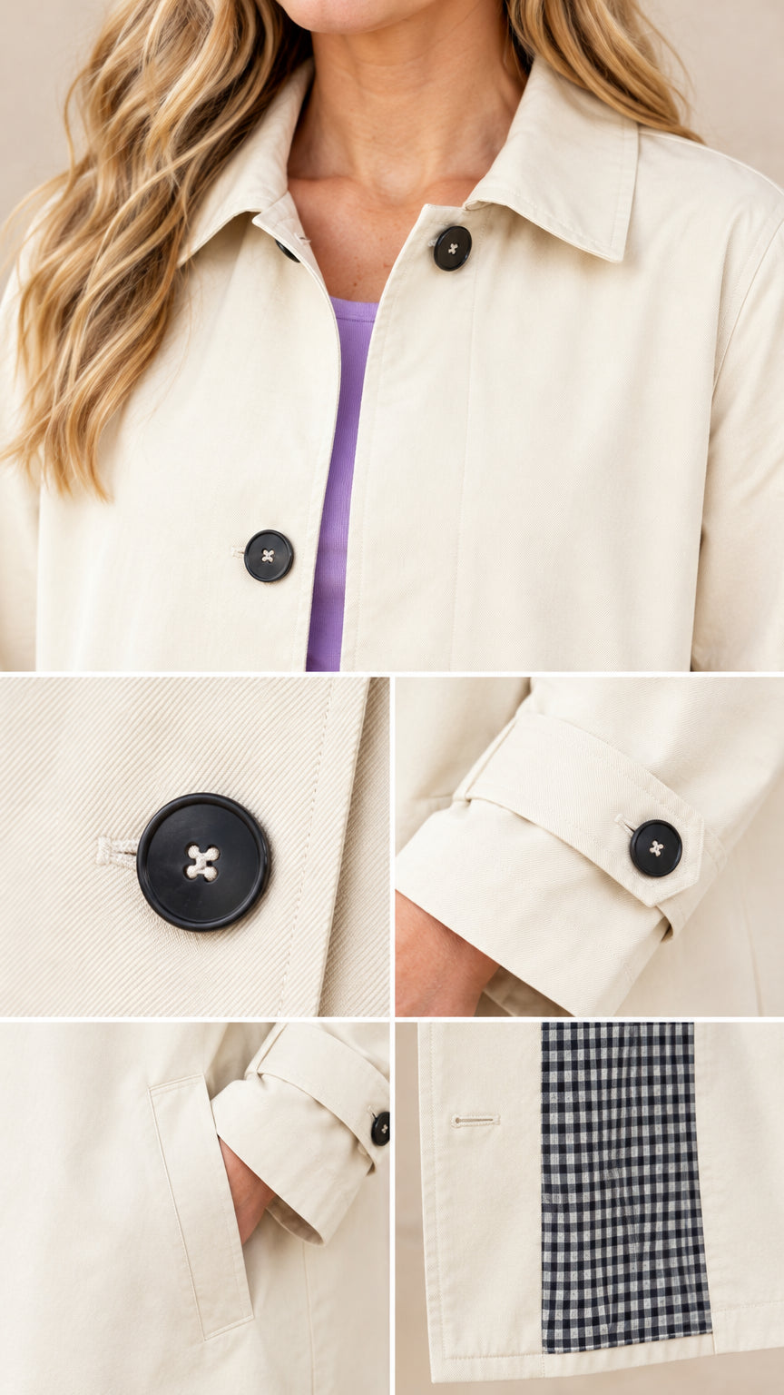 Close-up details of collar, contrast button, cuff tab, welt pocket, and gingham lining