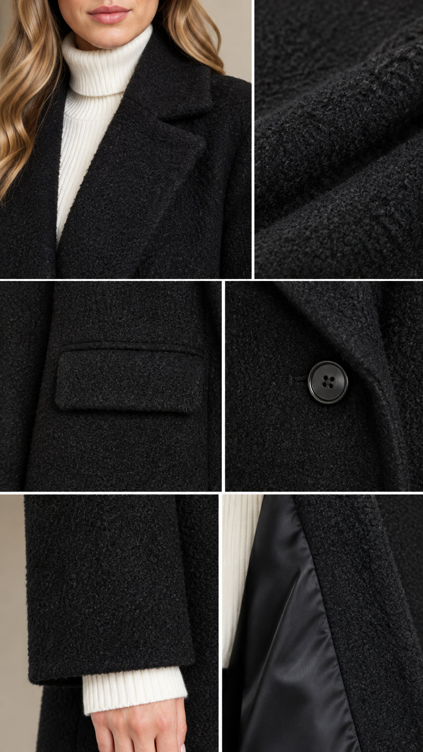 Close-up details of black coat showing the notched lapel, textured fabric, flap pocket, button, and inner lining