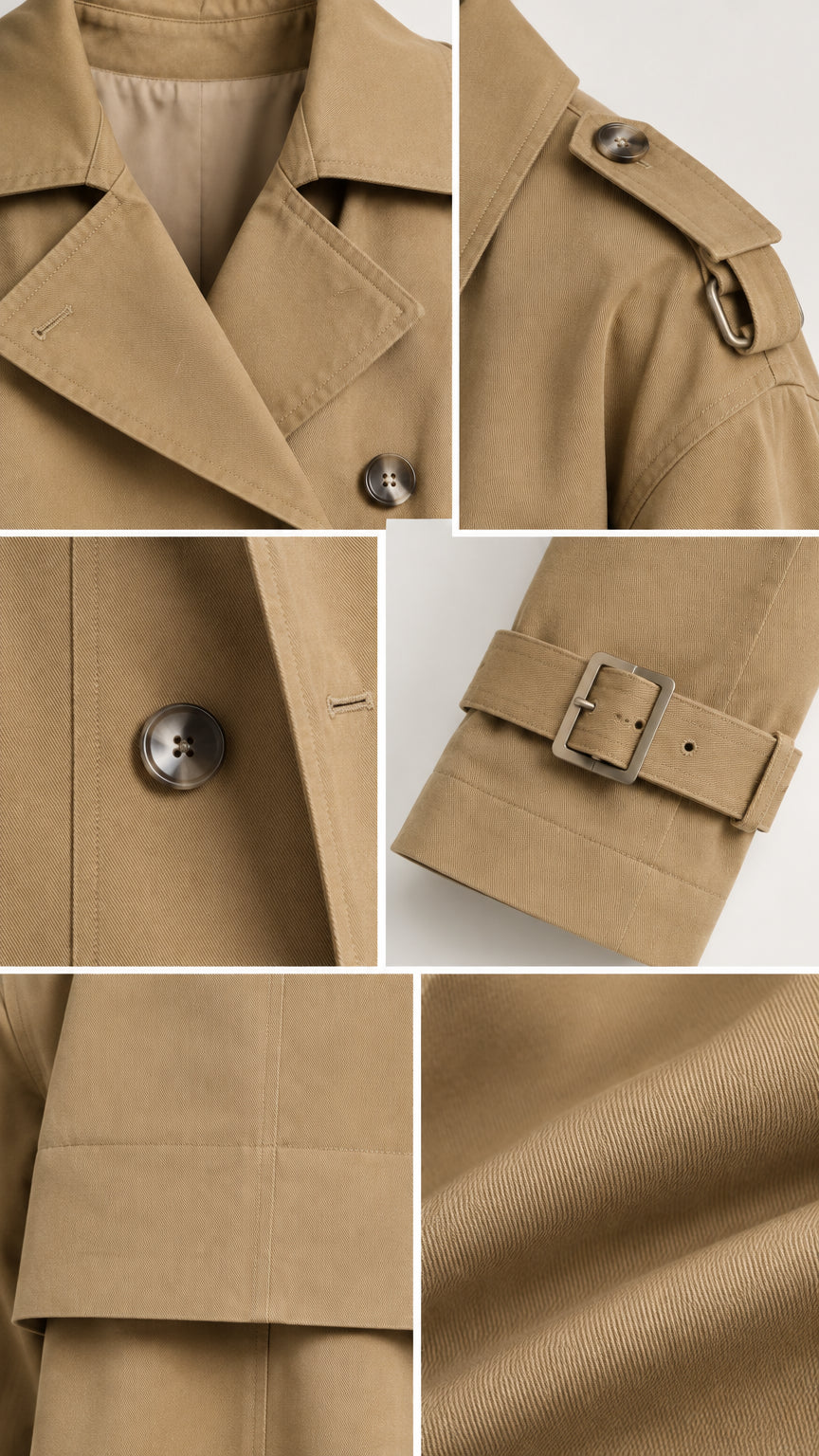 Detailed collage of khaki cropped trench jacket showcasing lapel collar, epaulettes, button, buckled cuff, and twill fabric