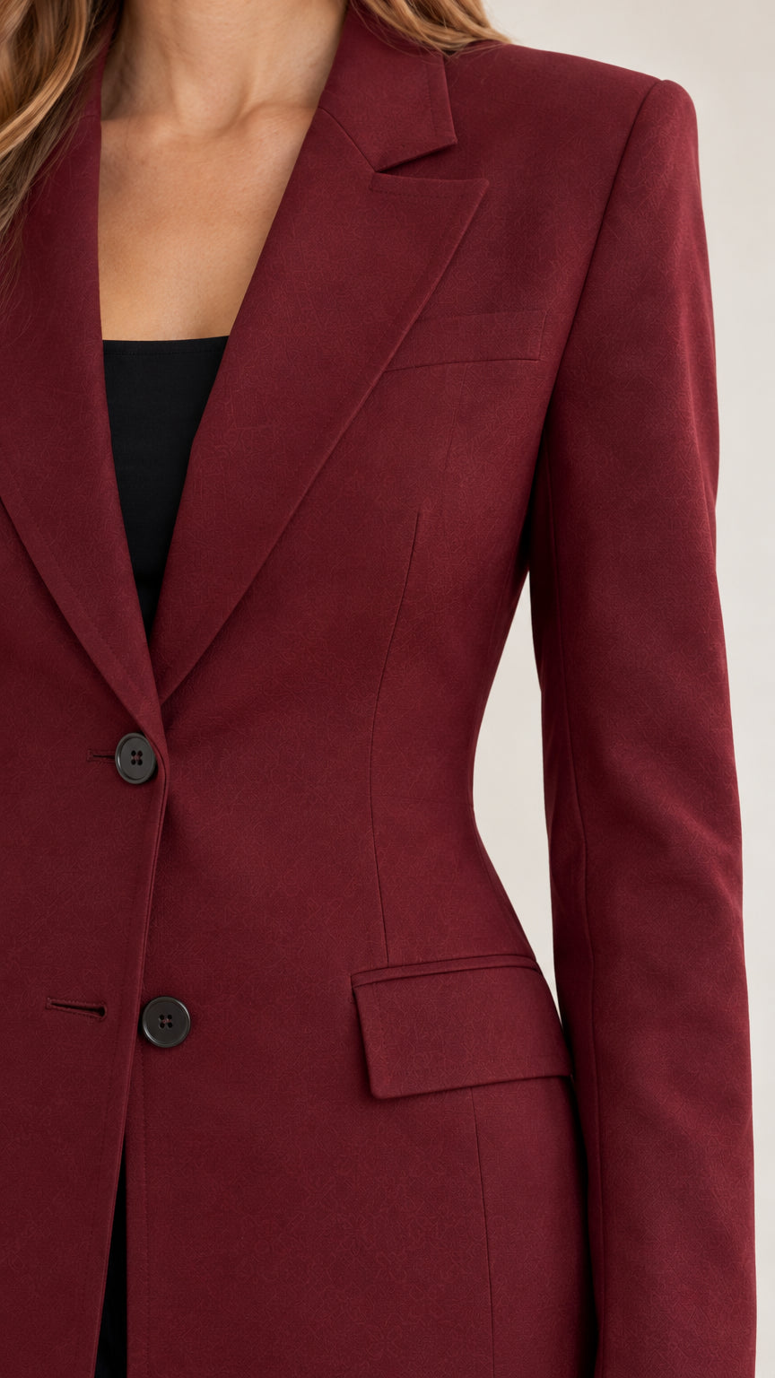 Close-up detail of burgundy notch lapels, front buttons, and flap pocket