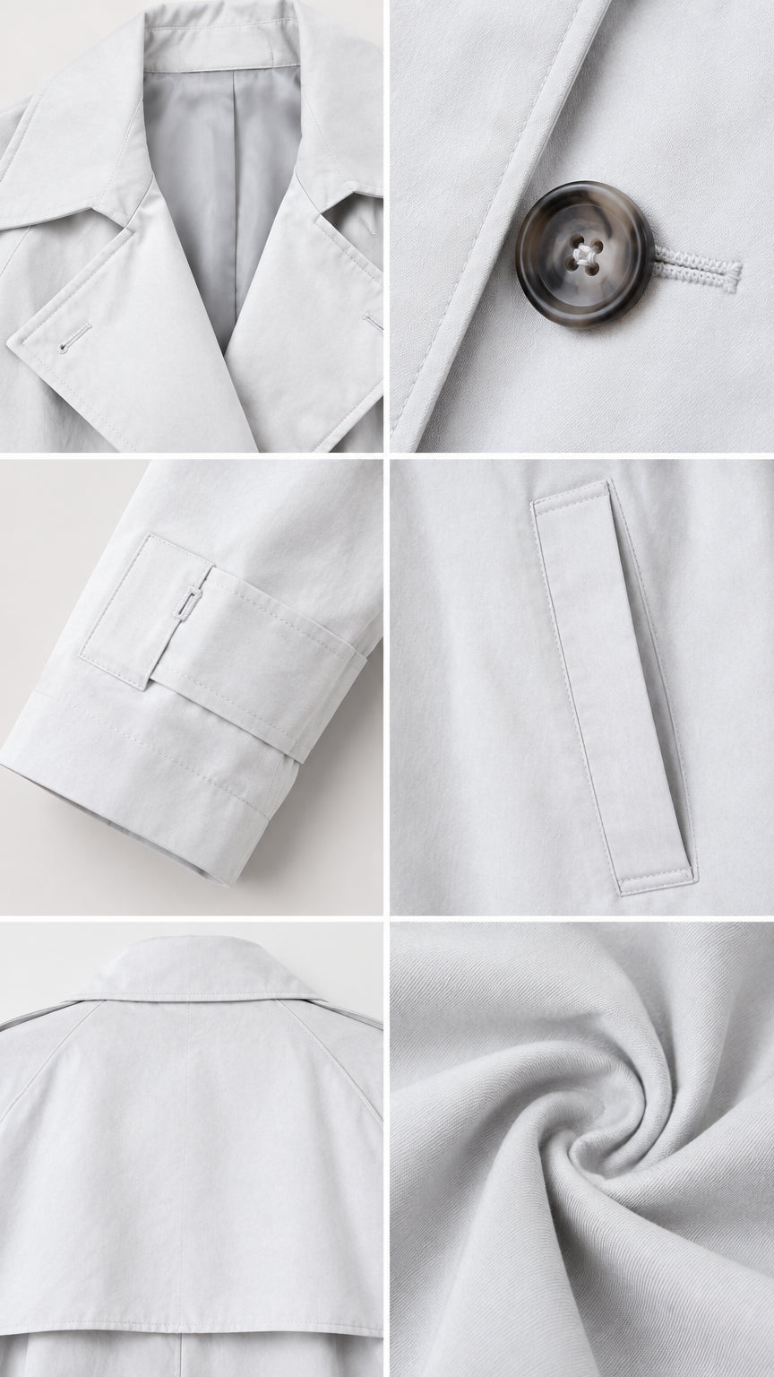 Close-up details of collar lapel, button closure, cuff tab, welt pocket, and fabric texture