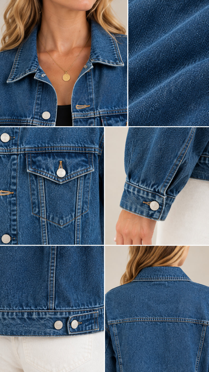Close-up collage of Medium Blue denim jacket details including collar, pocket, cuff, and fabric texture