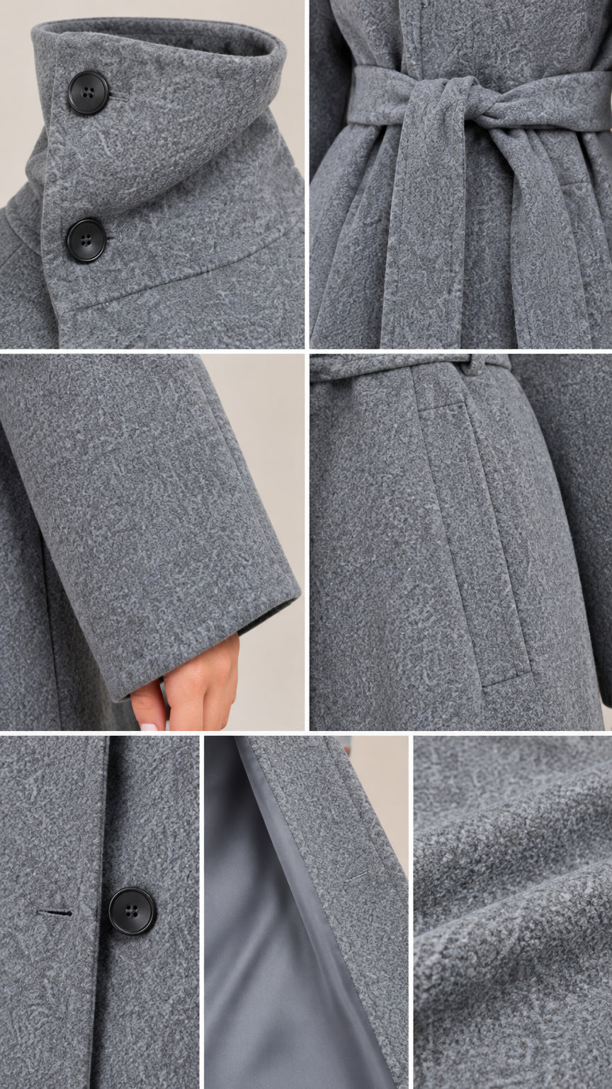 Detailed collage showing high collar button closure, belt tie, sleeve cuff, pocket, and interior lining