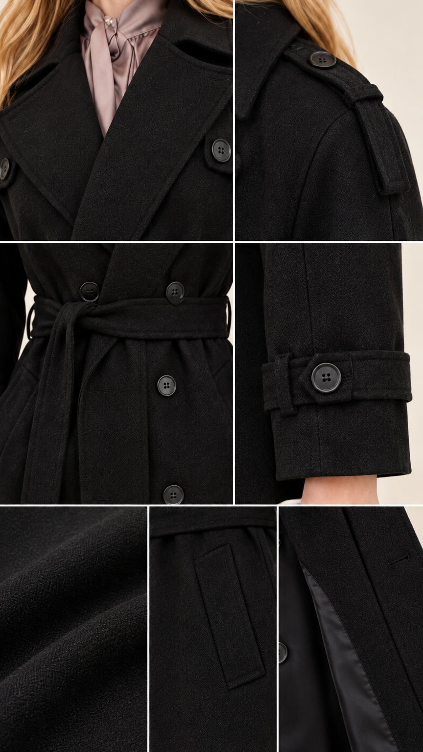 Close-up details of collar, shoulder tabs, waist belt, buttoned cuff, and fabric texture