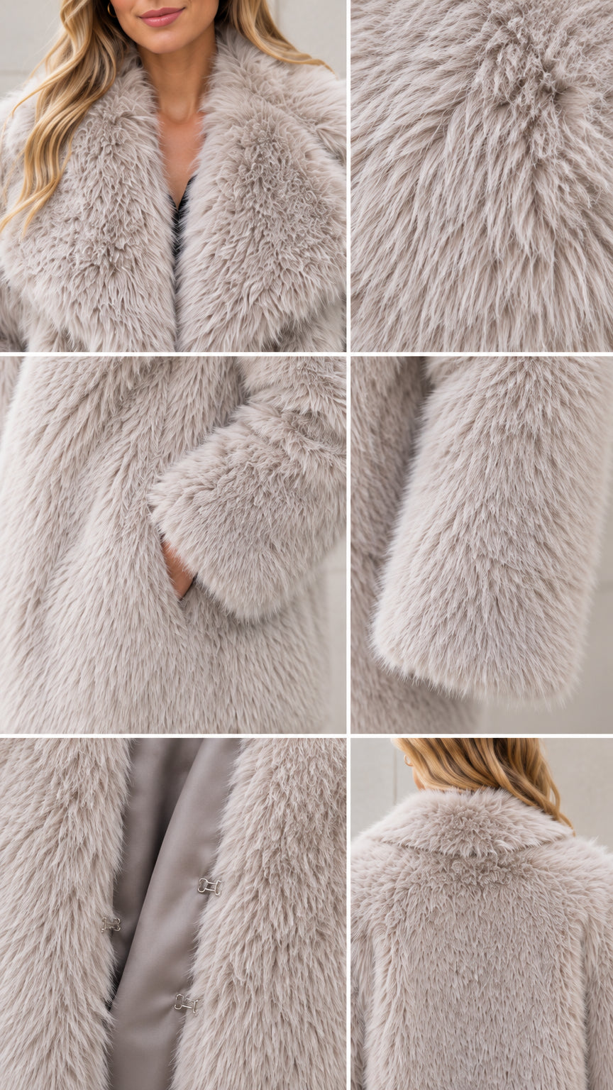 Collage showing fabric texture, side pocket, collar, and hook-and-eye closure details of light grey faux fur coat