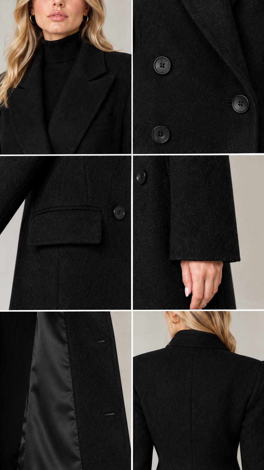 Close-up details of black overcoat lapel, buttons, flap pocket, cuff, and lining