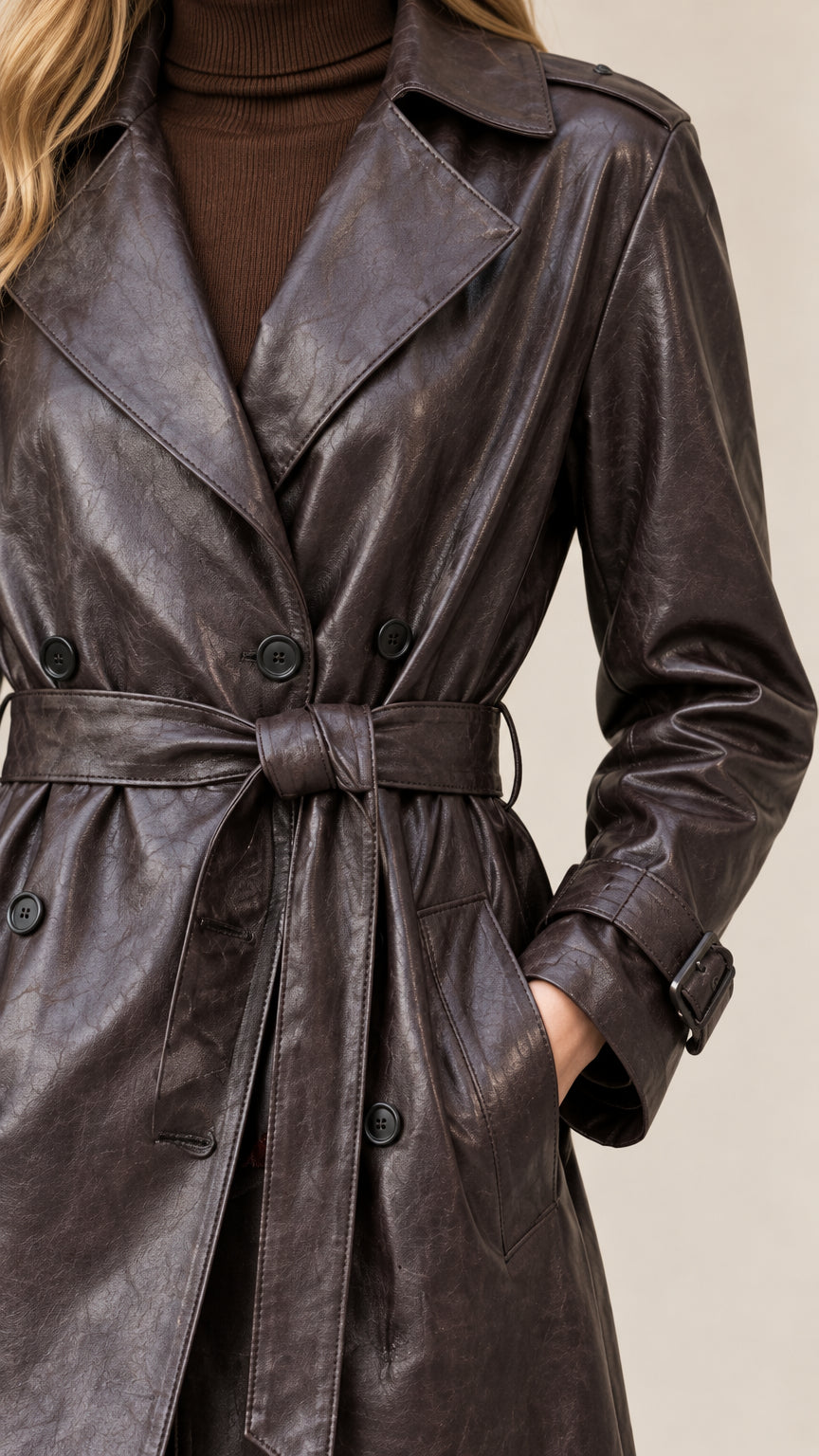 Close-up detail of dark brown faux leather trench coat showing notched lapels and tied belt