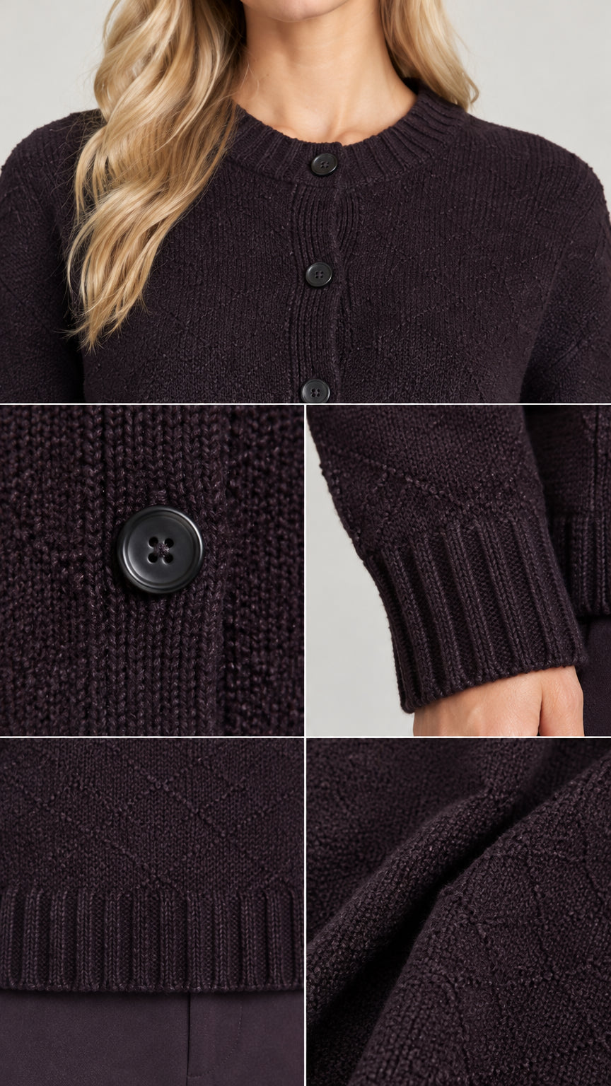 Close-up details of Dark Plum knit fabric texture, round neckline, button placket, and ribbed hem
