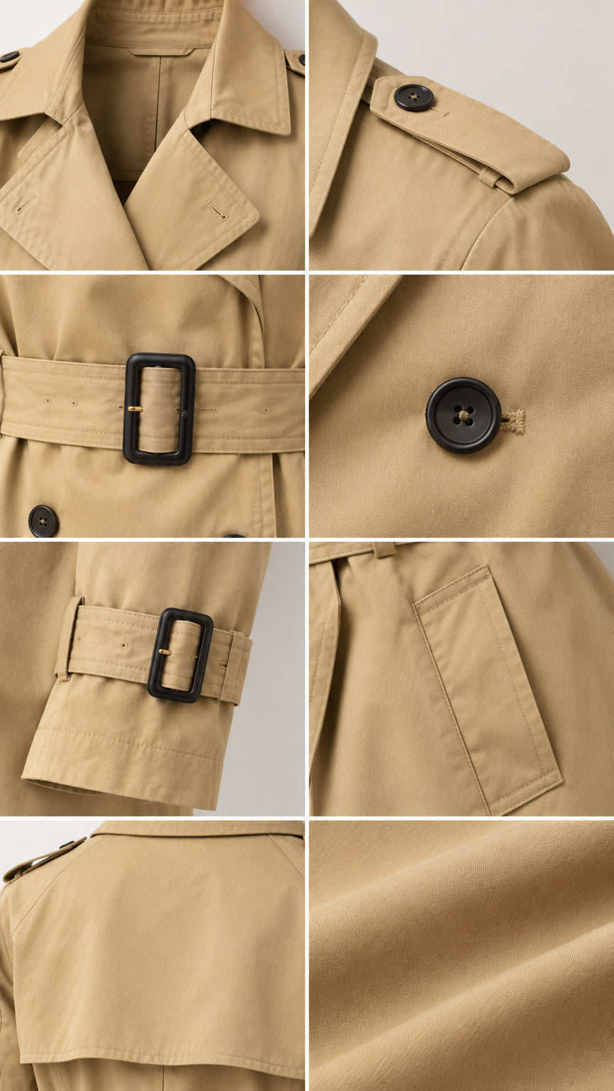Detailed close-ups of the lapel collar, shoulder epaulets, waist buckle, buttons, and cuff strap