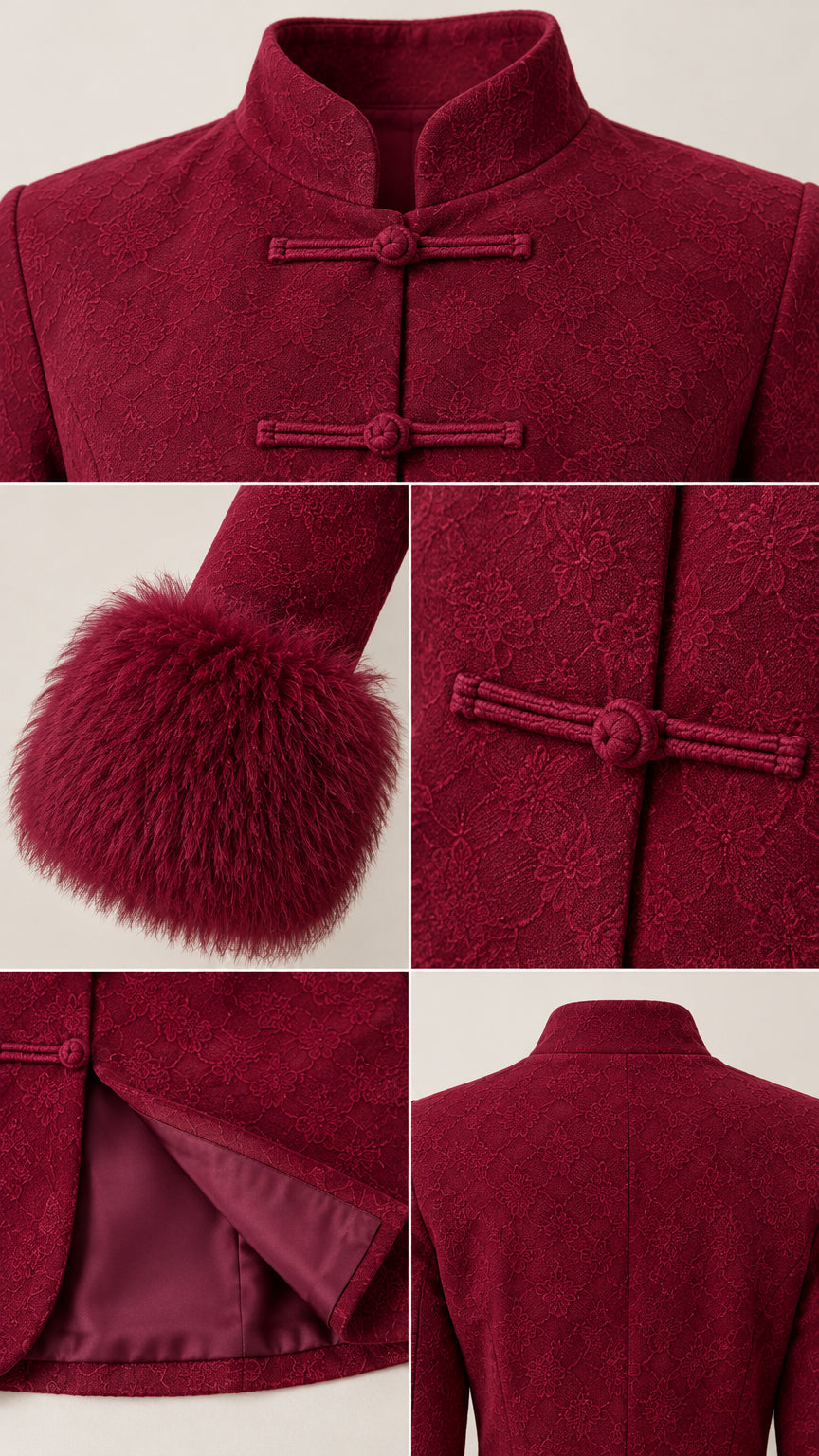 Detailed close-ups of Burgundy jacket showing mandarin collar, frog knots, faux fur cuffs, and inner lining