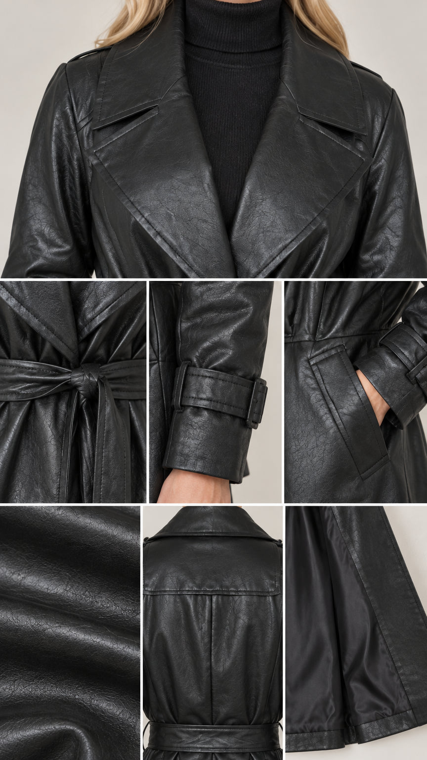Detailed close-up views of lapel collar, tie belt, cuff strap, smooth leather texture, and pockets