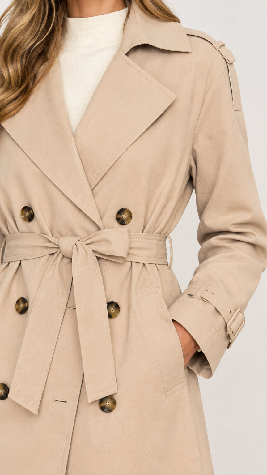 Close-up detail of beige trench coat showing lapel, tortoiseshell buttons, and tie belt