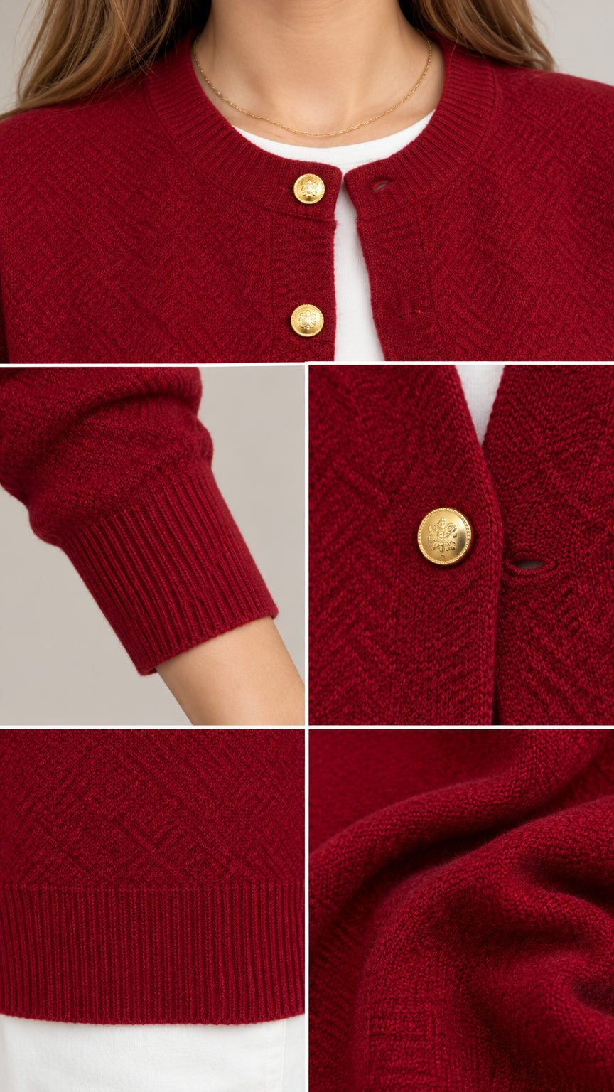 Close-up details of burgundy textured knit fabric, gold embossed buttons, and ribbed cuffs