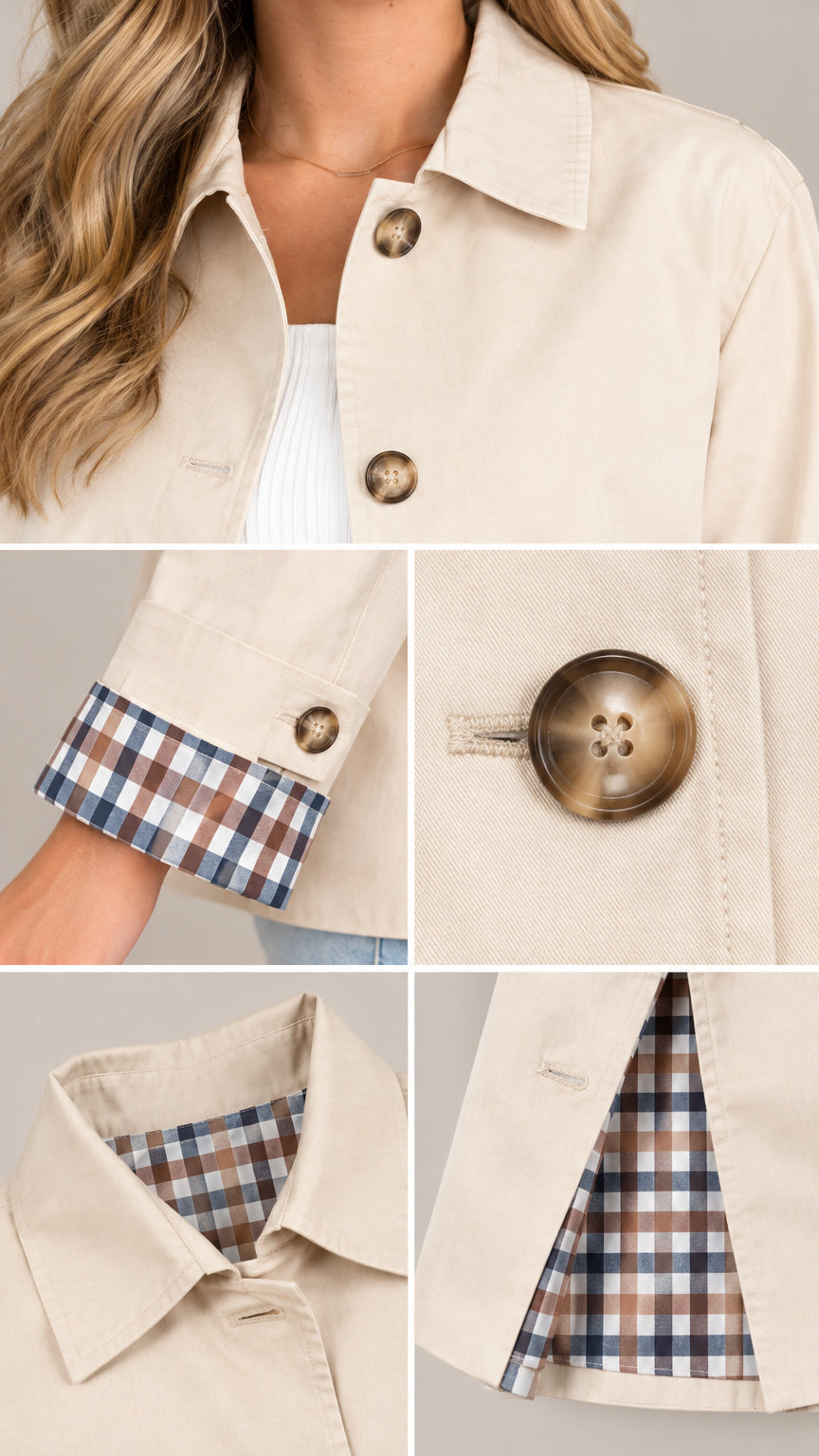 Close-up details of beige jacket showing spread collar, tortoiseshell buttons, and plaid lining