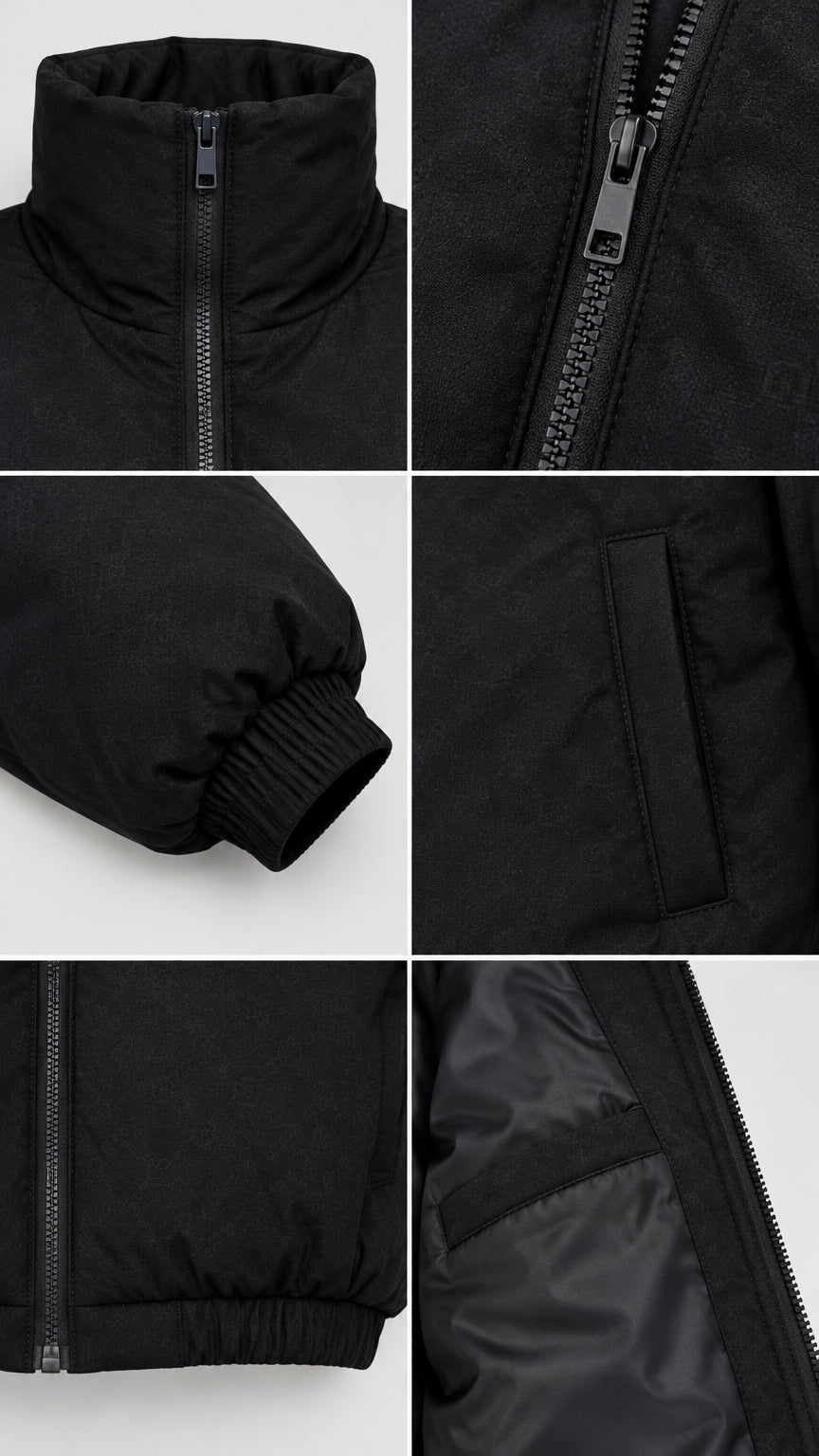 Detailed close-ups of black puffer jacket showing high collar zipper, cuff, welt pocket, and smooth inner lining