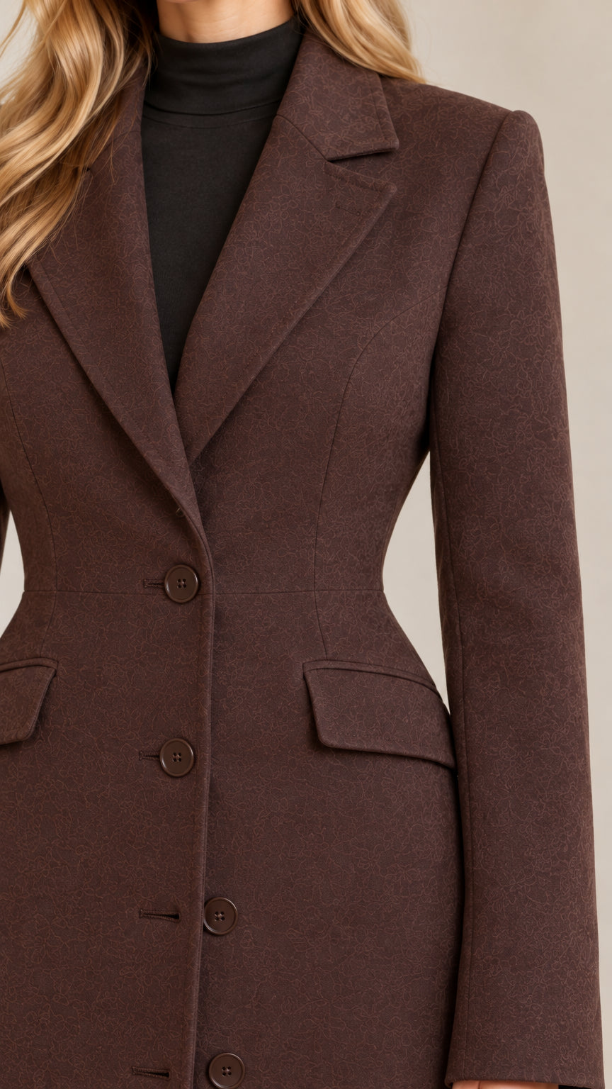 Close-up detail of notched lapel, buttons, and flap pocket on brown coat