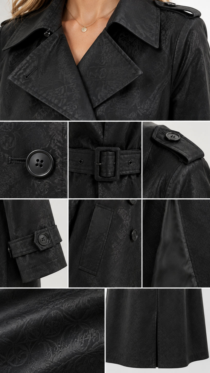 Detailed collage of black trench coat collar, buttons, buckle belt, cuffs, and subtle fabric texture