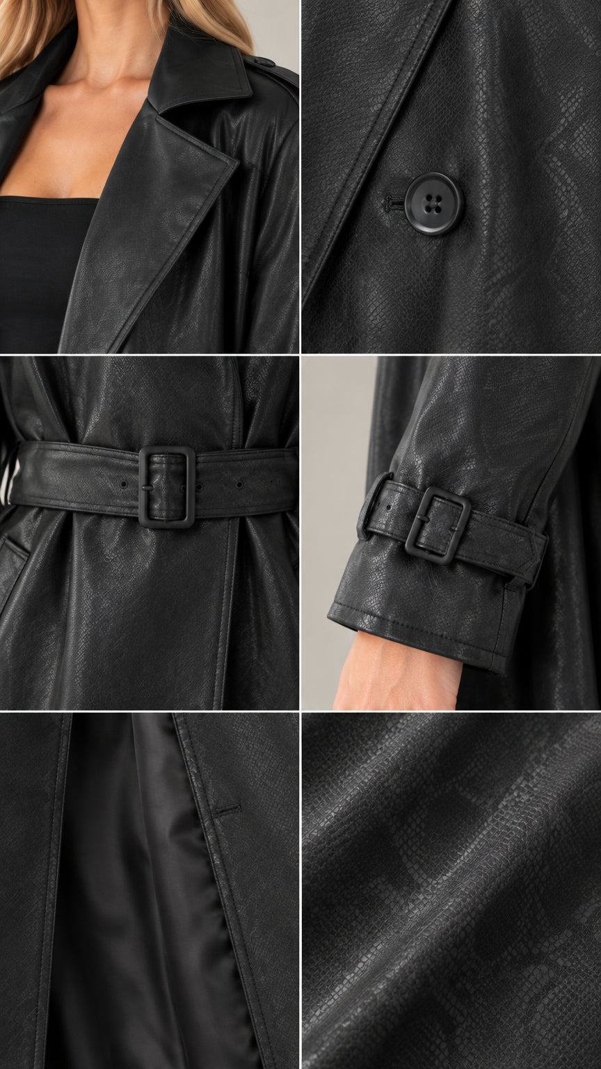 Close-up details of black faux leather trench coat lapels, buttons, belt, and cuff straps