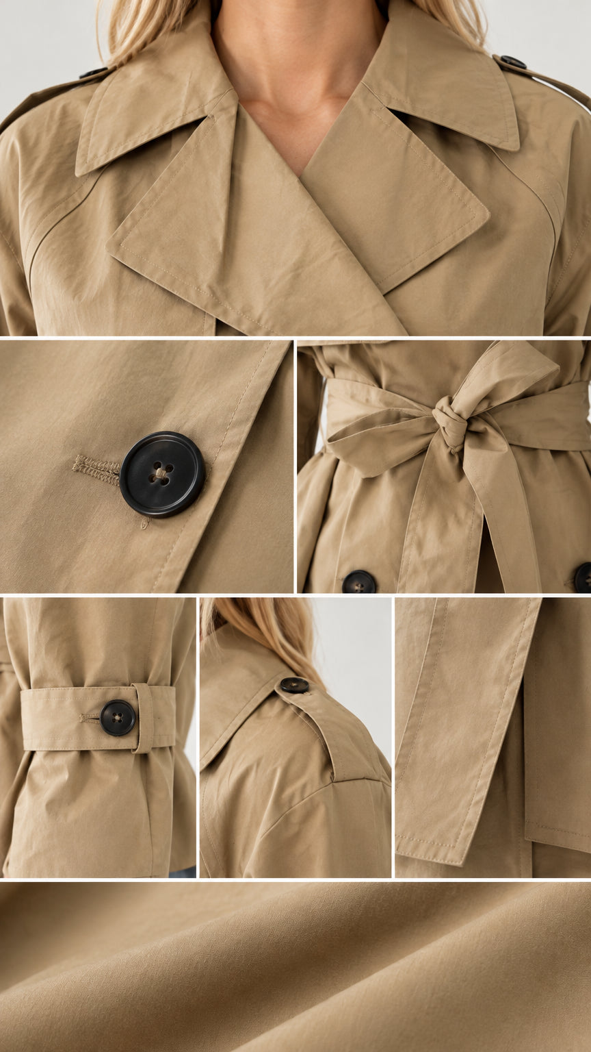 Close-up details of collar, button fastenings, tie belt, cuff strap, and fabric texture of khaki trench coat