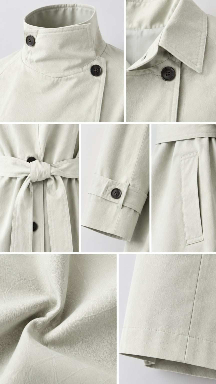 Close-up detail collage showing stand collar, belt tie, cuff strap, pocket, and fabric texture