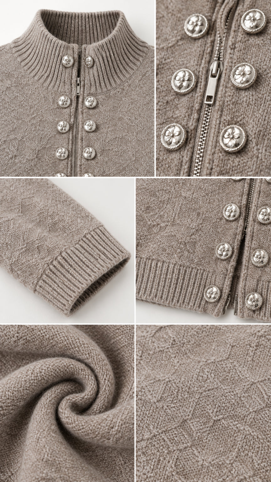 Close-up details of metallic button embellishments, front zipper, ribbed neckline, and knit texture