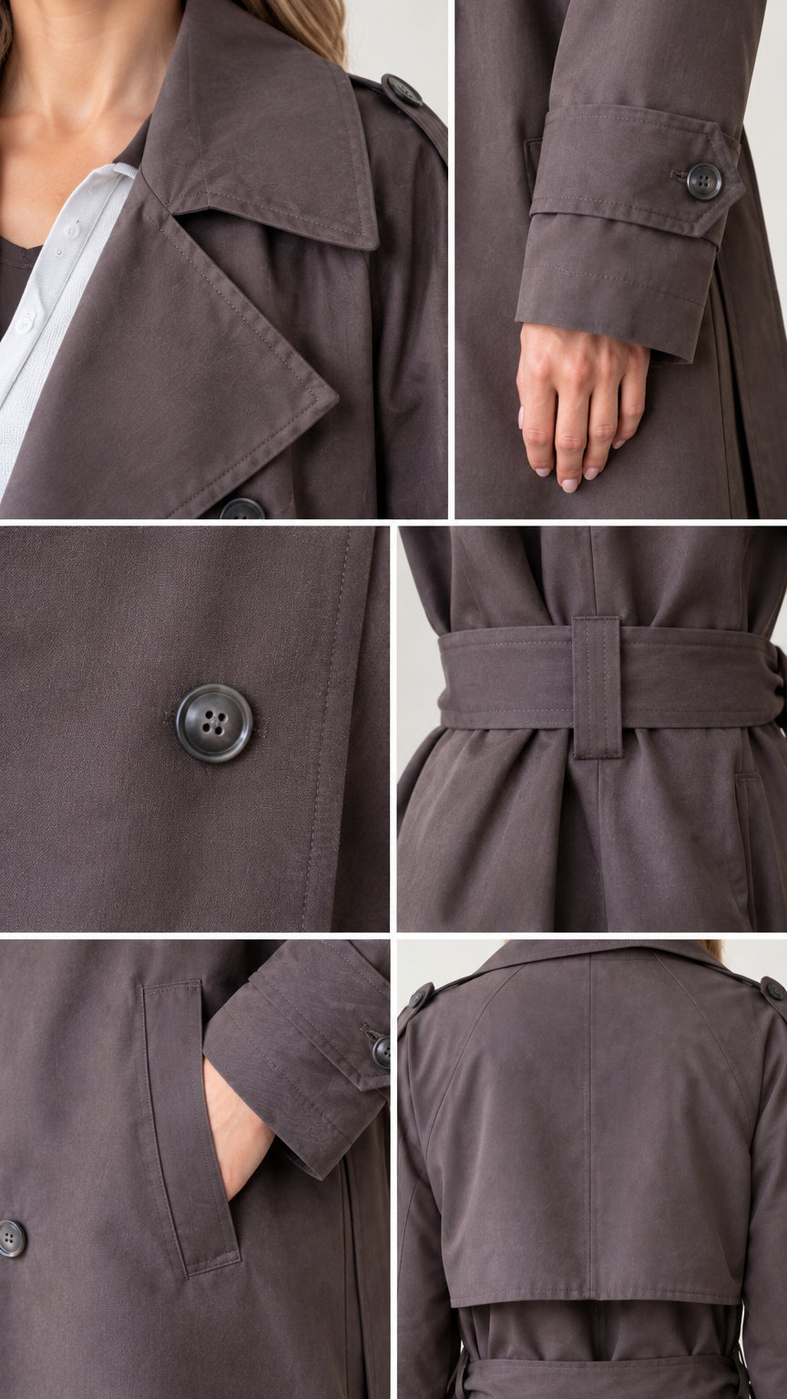 Close-up details of trench coat lapel collar, buttoned sleeve cuffs, button closure, and pocket