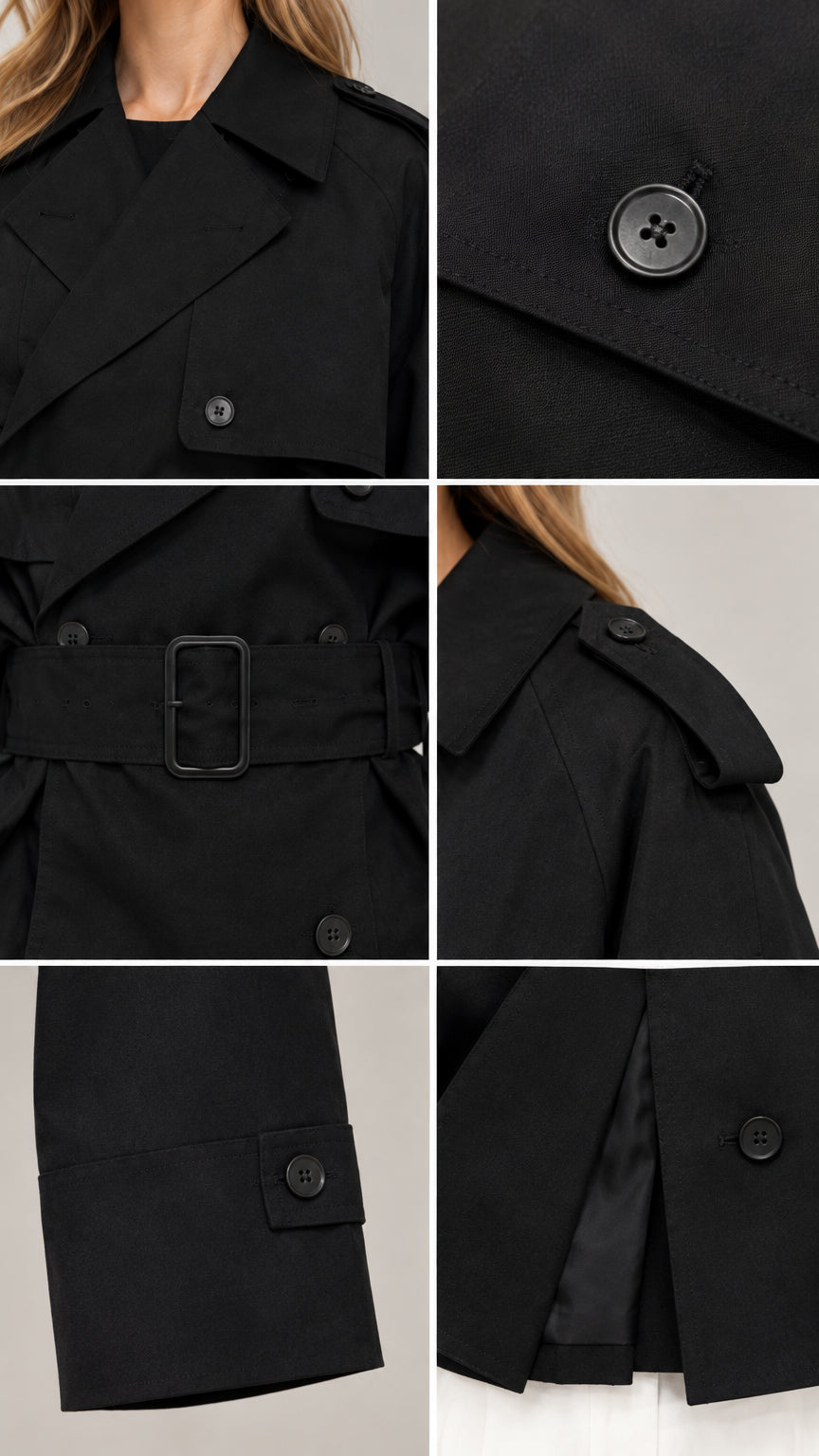 Close-up details of black cropped trench jacket showing notched lapel, buttons, buckle belt, shoulder tab, and cuff button