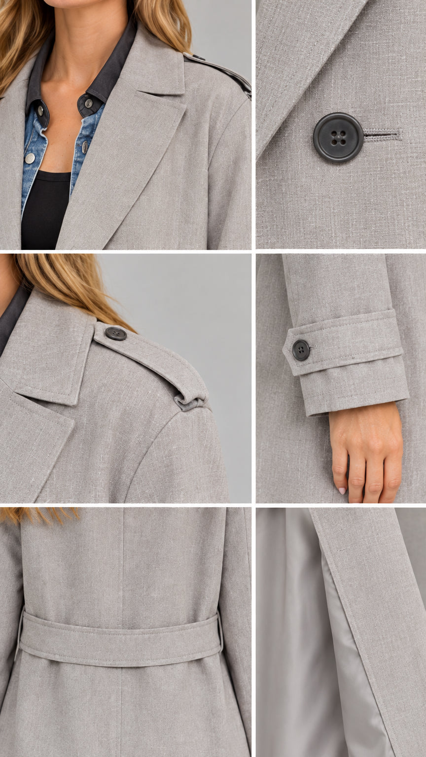 Close-up detail shots showing notched lapel, buttons, shoulder epaulet, cuff strap, and inner lining