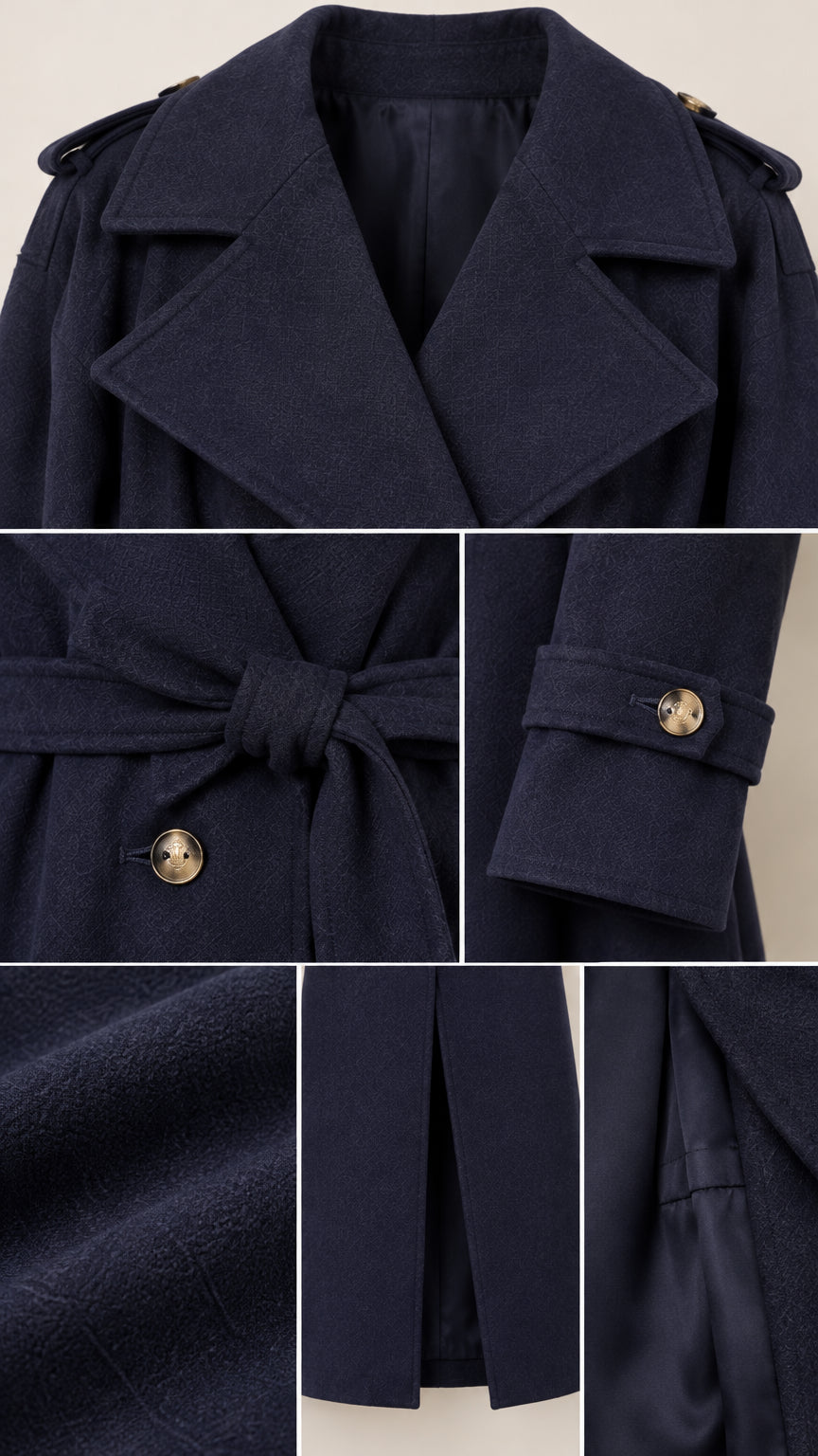 Detailed close-up collage of navy blue coat lapels, waist tie, cuff buttons, and lining