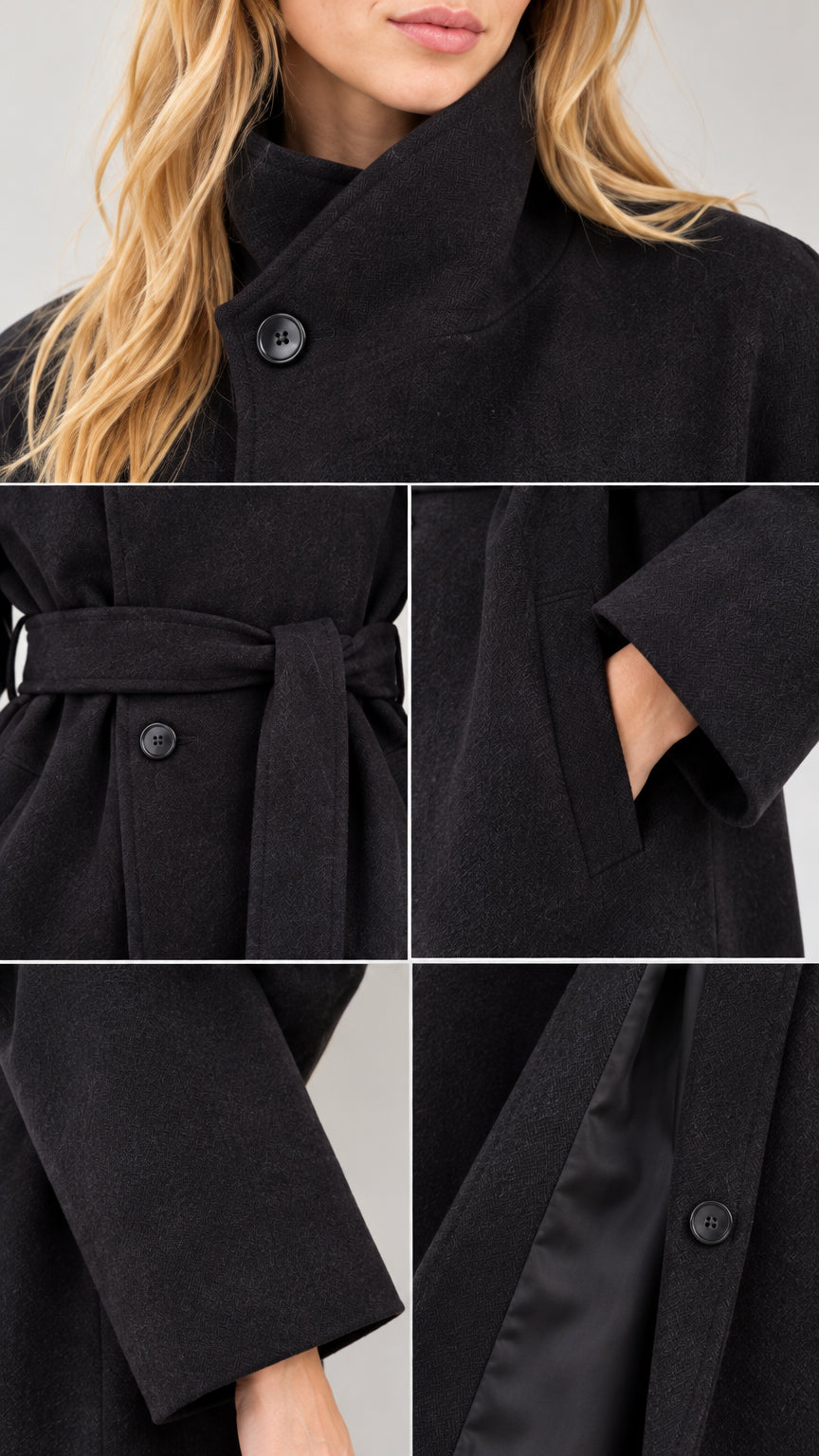 Close-up detail shots showing stand collar button, waist belt, welt pocket, and coat lining