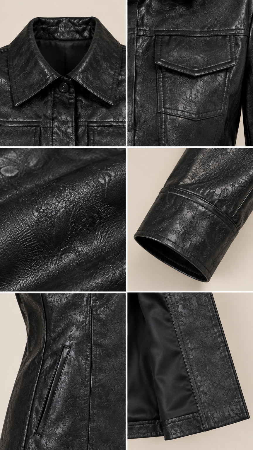 Close-up detail shots showing collar, chest pocket, faux leather grain texture, cuff, side pocket, and inner lining