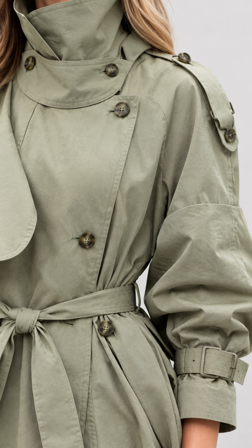Close-up detail of high collar, buttons, storm flap, and fabric texture on sage green trench coat
