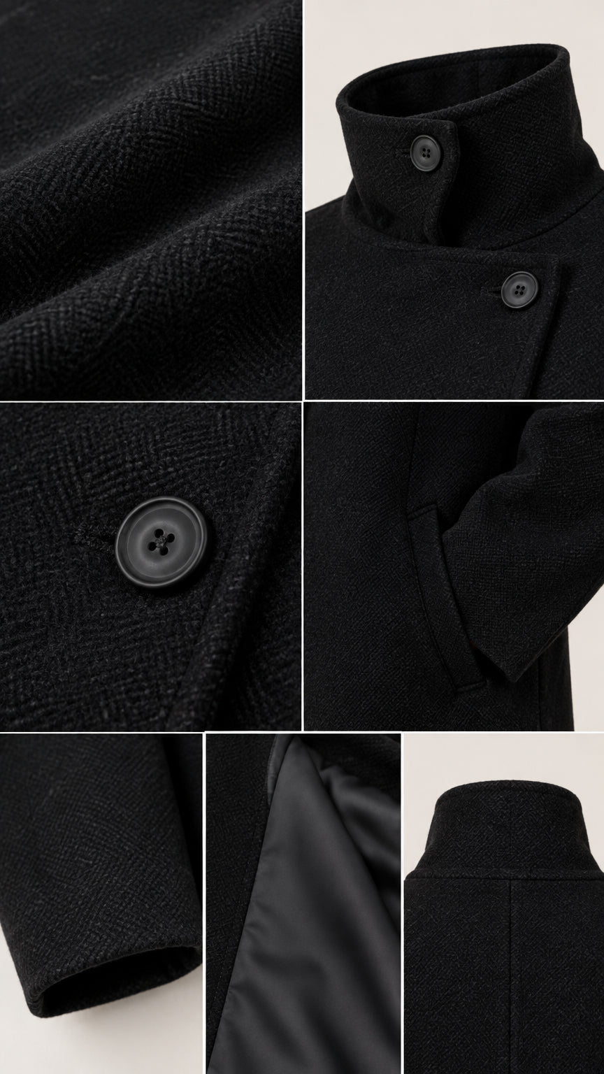 Detailed close-up collage of overcoat fabric texture, stand collar button, cuff, and interior lining