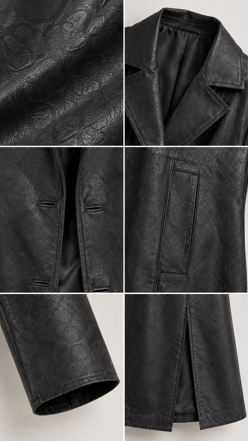Close-up details of black faux leather trench coat including collar, pockets, buttons, and hem vent