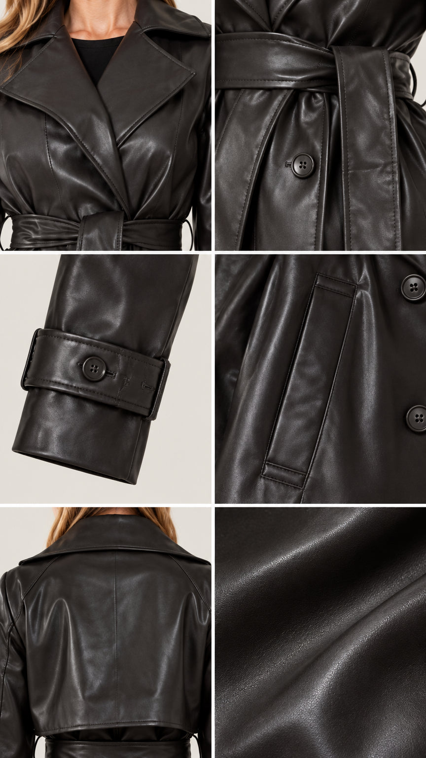 Collage of close-up construction details on black faux leather trench jacket including lapel, belt, and cuff tab