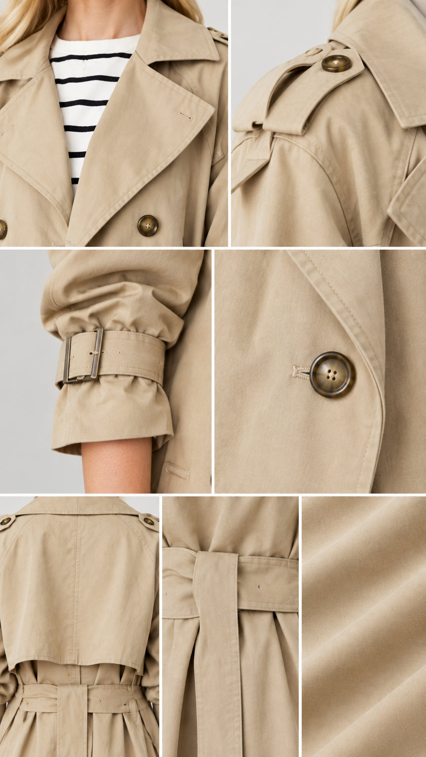 Detailed close-ups of khaki trench coat collar, shoulder epaulet, buckled cuff, and fabric texture